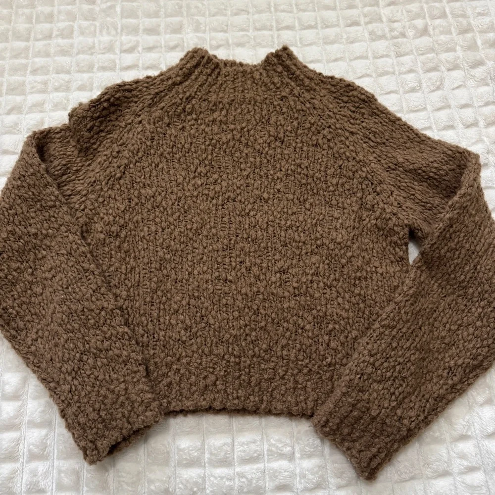 Maeve Small Textured Mock Neck Sweater ~ Brown Cropped Wool Minimal Cozy - Picture 4 of 8